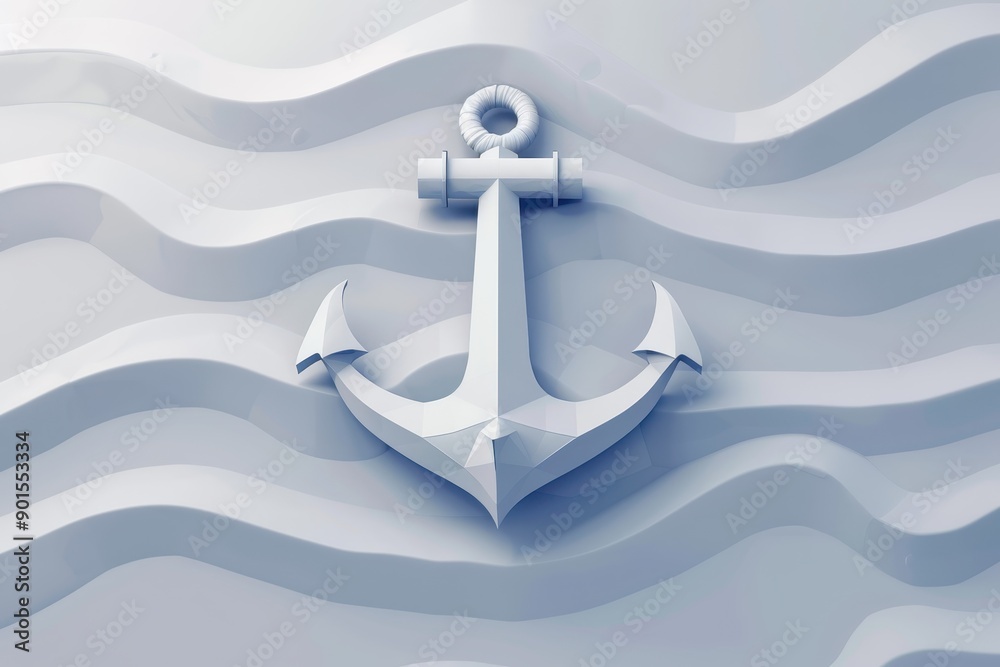 3D rendered image of a white anchor on a wavy white background ...