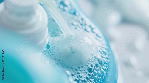 Dispensing blue liquid soap from a white plastic pump bottle, creating a foamy lather