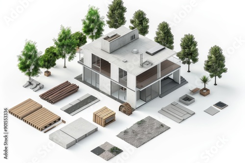 3D rendering of a modern house construction with various building materials and trees, showcasing architecture and design elements. © Sodapeaw