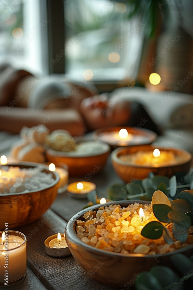 Obraz premium A serene spa setting features lit candles and bowls filled with salt, promoting a calming atmosphere for relaxation