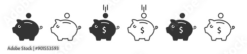 Piggy bank icon set. Piggy bank saving money. Vector illustration
