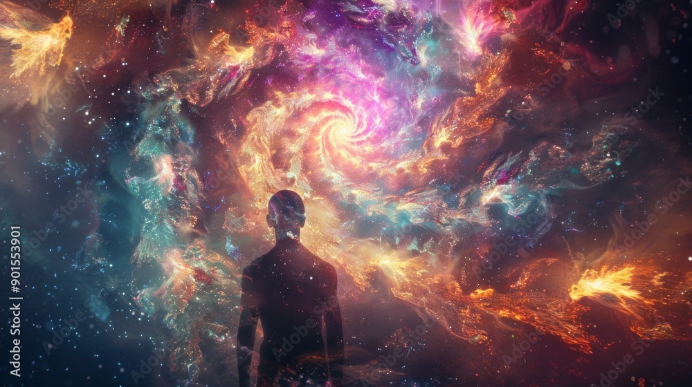 Abstract digital artwork shows man's silhouette with arms crossed against colorful galaxy backdrop. Peaceful, dreamy atmosphere with orange, pink, and blue hues. Abstract digital artwork shows man's silhouette with arms crossed against colorful galaxy backdrop. Peaceful, dreamy atmosphere with orange, pink, and blue hues.