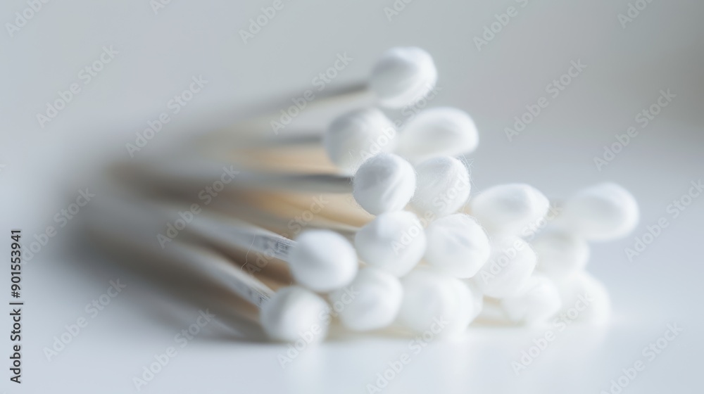 Cotton swabs are stacked on a clean white surface, evoking a feeling of cleanliness and hygiene Cotton swabs are stacked on a clean white surface, evoking a feeling of cleanliness and hygiene