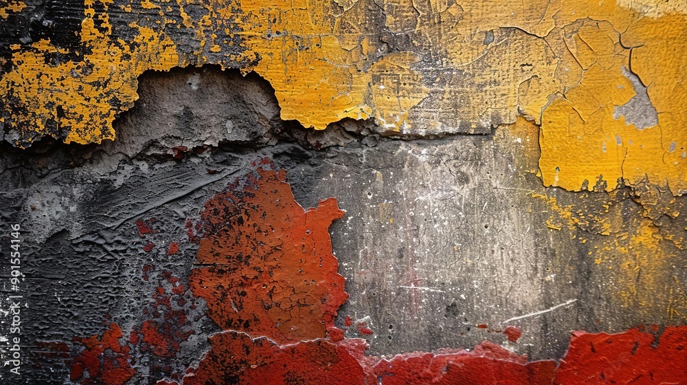 Obraz premium Weathered Wall with Peeling Paint, Red, Yellow, and Black
