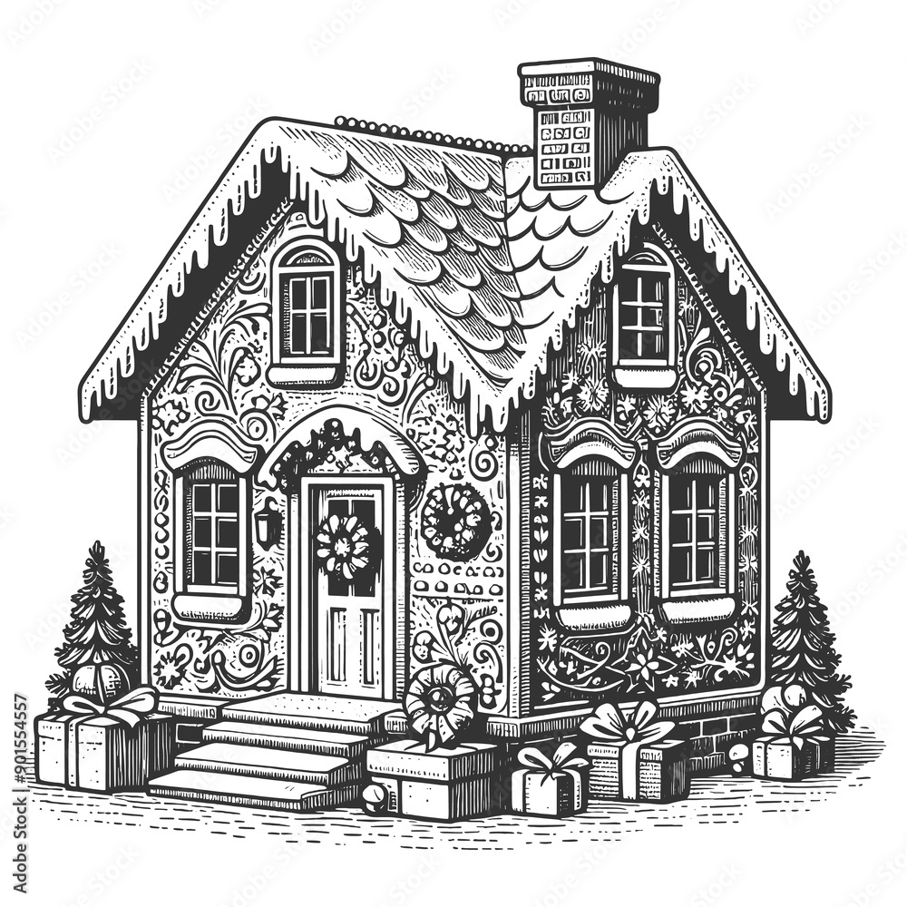 Fototapeta premium Christmas Gingerbread house with gifts sketch engraving generative ai fictional character raster illustration. Scratch board imitation. Black and white image.