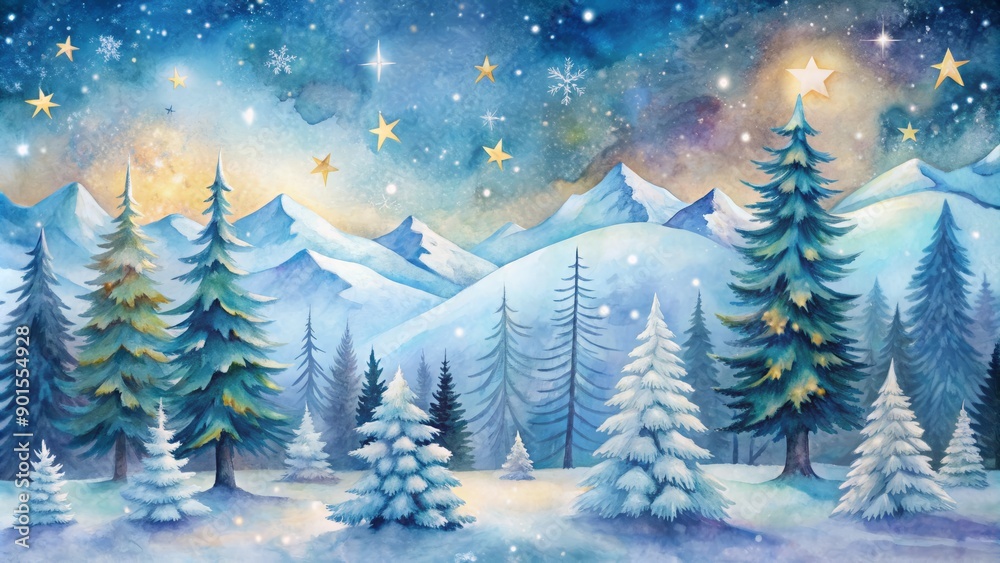 Obraz premium Whimsical fairytale winter landscape with snow-covered trees, frosty mountains, and stars, illustrated in soft watercolors, repeating seamlessly for a charming children's poster background.
