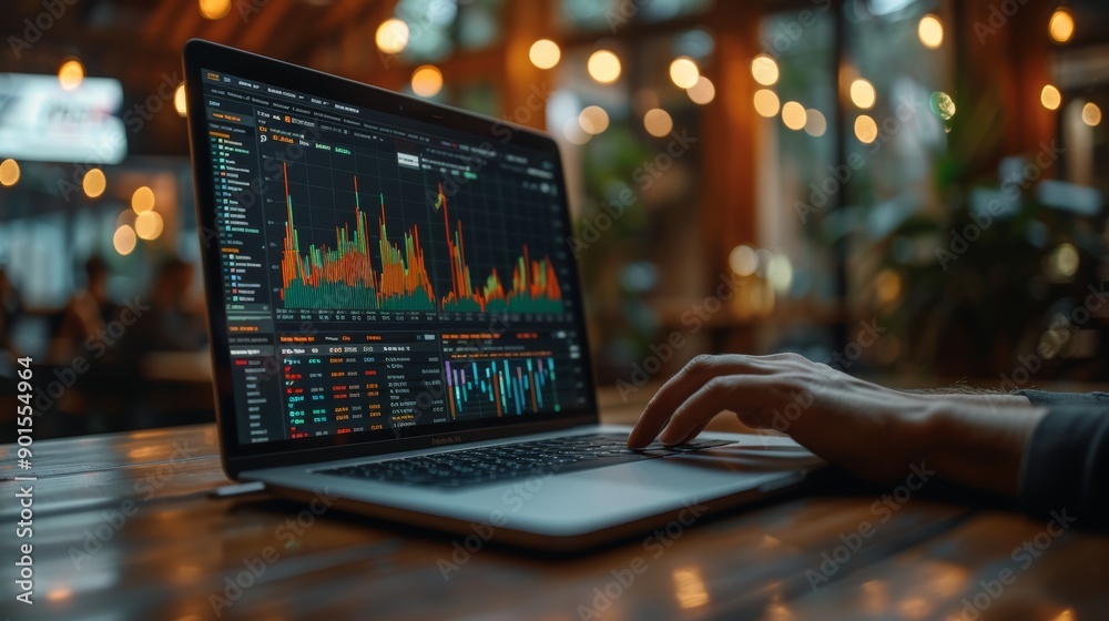 Analyzing Stock Market Trends on a Laptop in a Modern Café During Evening Hours. Generative AI Analyzing Stock Market Trends on a Laptop in a Modern Café During Evening Hours. Generative AI