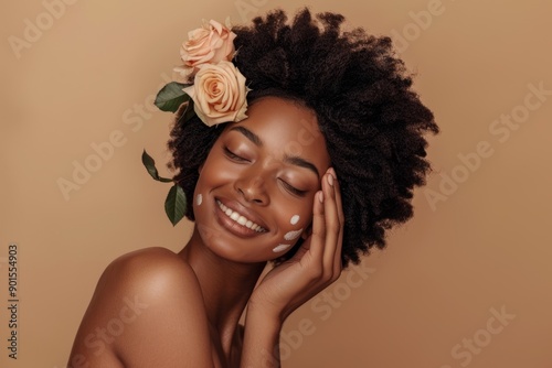 Salon beauty, flower, and lady portrait with skincare, natural, and face regimen. Health, cosmetic, and African female model with floral rose hair for facial treatment on brown background.