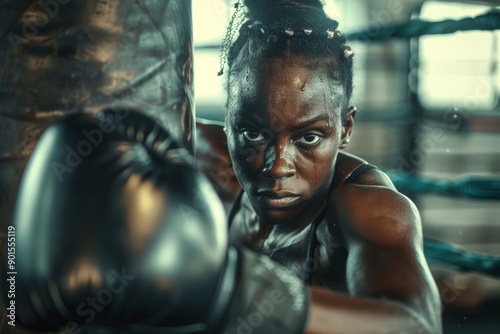 Fighting, black women, and boxing for fitness, focus, and wellness. Boxer, female athlete, confidant in gym, fist gloves, and determined with energy photo