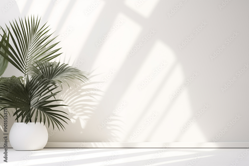 Abstract white studio background for product presentation. Empty room with shadows of window and flowers and palm leaves . 3d room with copy space. Summer concert. Blurred backdrop. Abstract white studio background for product presentation. Empty room with shadows of window and flowers and palm leaves . 3d room with copy space. Summer concert. Blurred backdrop.