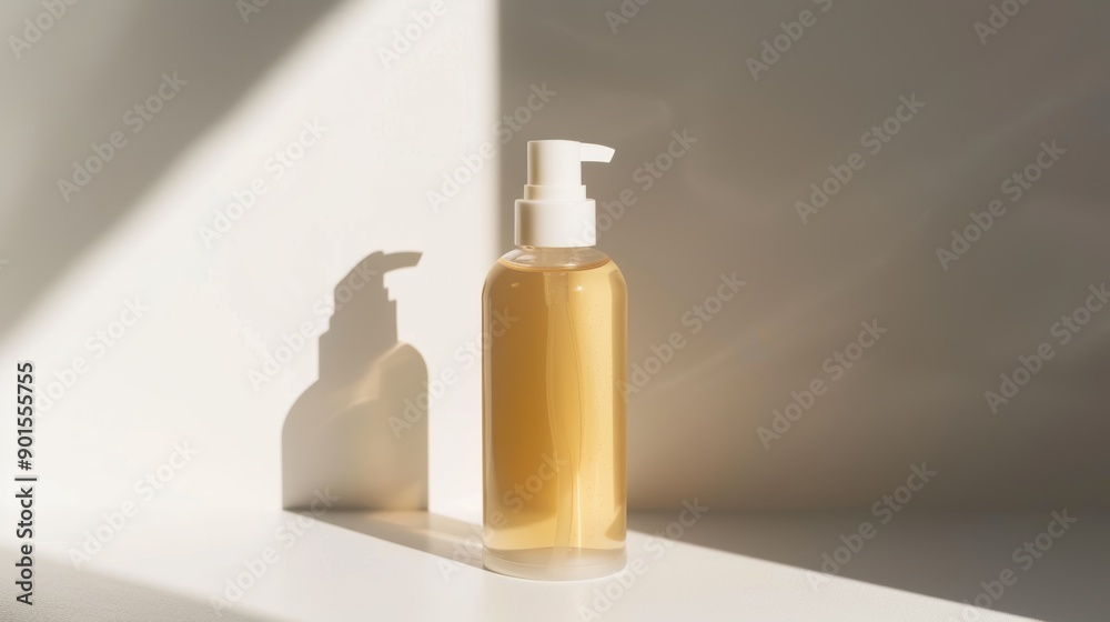 Naklejka premium Clear cosmetic product bottle with a white dispenser creating a shadow on a sunny white surface