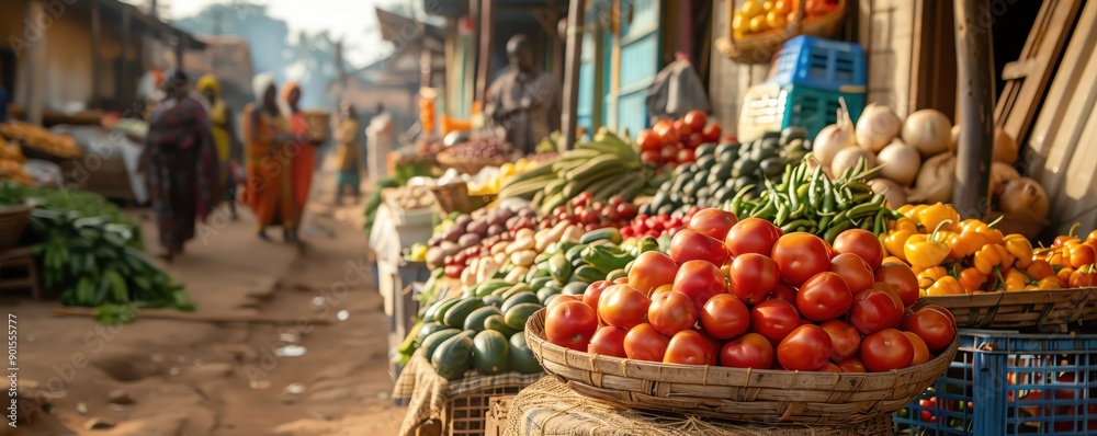 Fototapeta premium Vibrant outdoor market scene with colorful fruits, vegetables, and bustling shoppers.