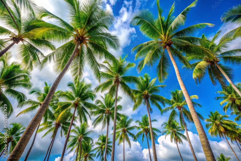 Tall coconut palm trees with swaying fronds reach towards the sky, creating a serene tropical background with ample copy space for text or design elements. Tall coconut palm trees with swaying fronds reach towards the sky, creating a serene tropical background with ample copy space for text or design elements.