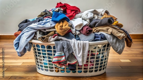 Overstuffed, grimy laundry basket with worn, sweat-stained clothes and forgotten socks emitting a pungent, unpleasant odor in a cluttered room.