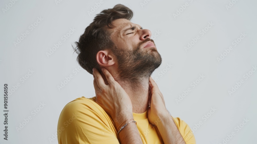 Fototapeta premium Neck ache, tension, and man in studio with arthritis, fatigue, and burnout on white background. Indian model sick, injury, and muscle massage for first aid, emergency, or tiredness frustrated.