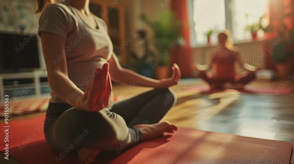 Naklejka premium Yoga, meditation, lotus, women's hands to relax, and living room mindfulness training. Friends in holistic exercise for serenity and zen mental health in apartment