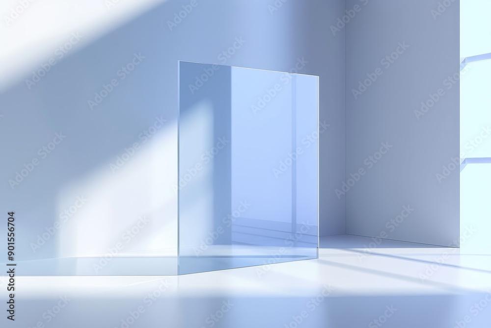 Obraz premium Minimalistic modern interior with a transparent glass panel, soft light, and geometric shadows, creating a serene and clean atmosphere.