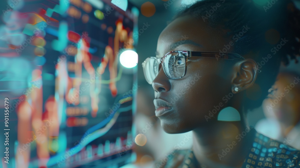 Future screen, statistics, and night lady analyse fintech insight hud, administration, or bank accounting data. A financial analyst, face overlay, and African accountant examine company chart Future screen, statistics, and night lady analyse fintech insight hud, administration, or bank accounting data. A financial analyst, face overlay, and African accountant examine company chart