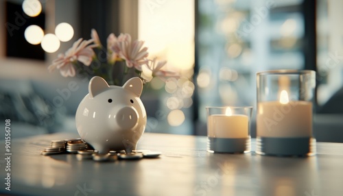 Piggy Bank On Table With Candles