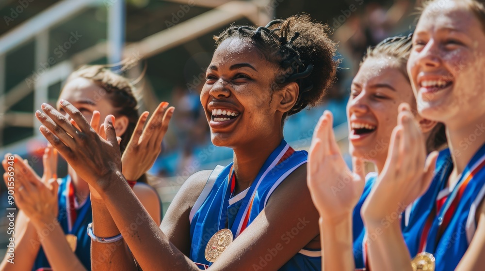 Netball team, applause, medal, trophy, and outdoor sports competition, tournament, and game winner. Outdoor sports event teamwork, support, and gold prize for achievement, winner, and celebration Netball team, applause, medal, trophy, and outdoor sports competition, tournament, and game winner. Outdoor sports event teamwork, support, and gold prize for achievement, winner, and celebration
