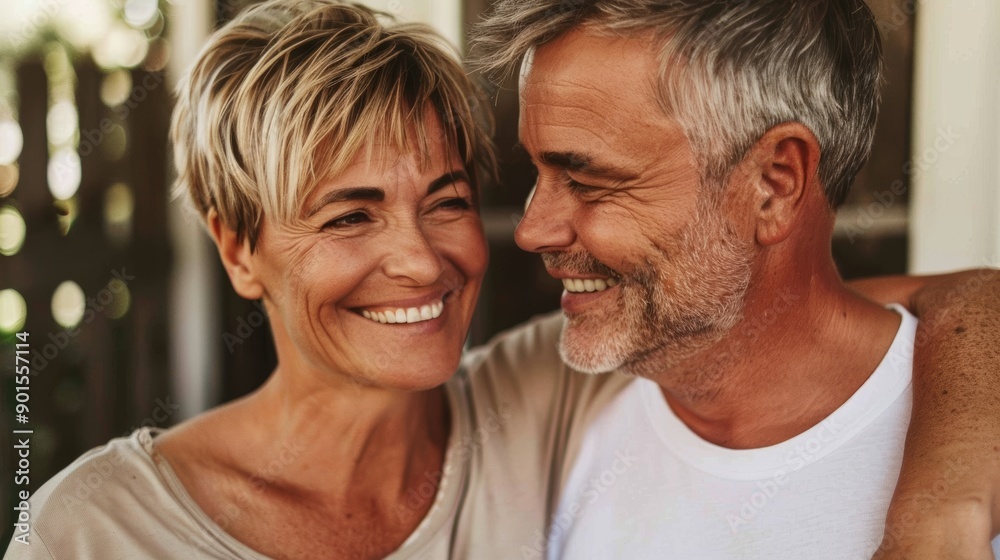 Couple in retirement, loving and trusting marriage, relaxing in nature. Life companion, bonded by devotion, compassion, and man-woman grin Couple in retirement, loving and trusting marriage, relaxing in nature. Life companion, bonded by devotion, compassion, and man-woman grin