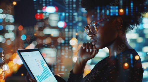 Tablet, black woman, stock market trading, holographic or city overlay on global forex data. Thinking, female trader, and fintech graphs on digital technology, erp investing, Future Finance Economy