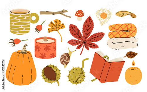 Cute autumn elements, candles, tea cup, pumpkin, warm clothes, blanket and scarf. Hand drawn fall season design element, acorns with leaves, mushrooms and berries, cozy doodle sticker vector set