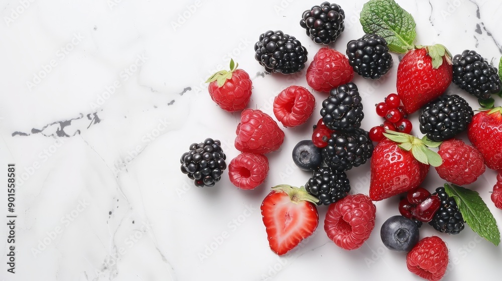 Vibrant Juicy Berries - Raspberries, Strawberries, Blackberries on White Marble Surface in High Resolution. Vibrant Juicy Berries - Raspberries, Strawberries, Blackberries on White Marble Surface in High Resolution.