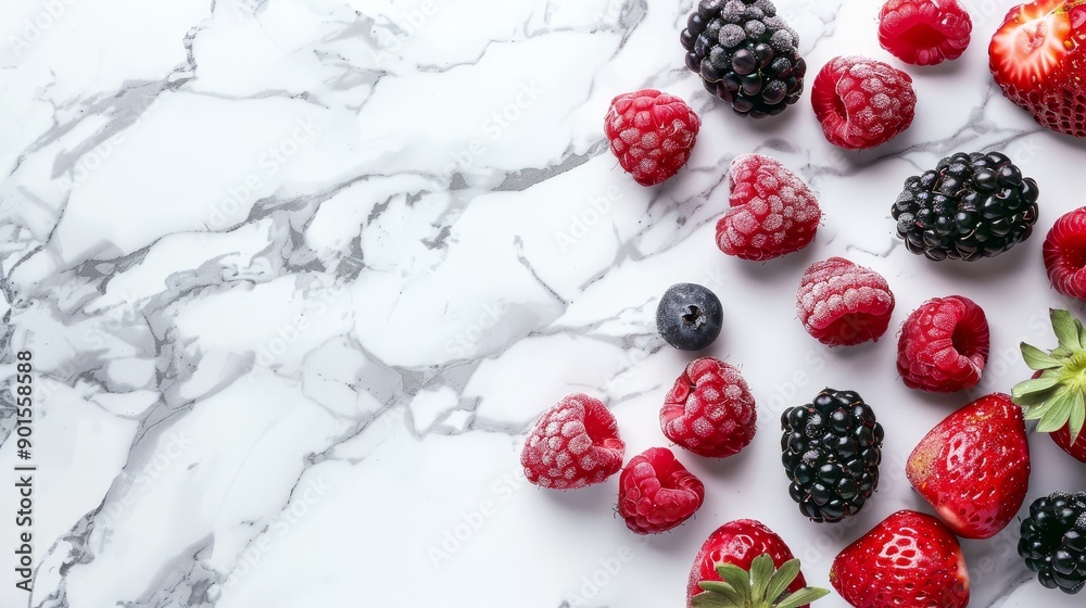 Fresh Juicy Berries - Raspberries, Strawberries, Blackberries on White Marble Background, High Resolution Close-up Still Life. Fresh Juicy Berries - Raspberries, Strawberries, Blackberries on White Marble Background, High Resolution Close-up Still Life.