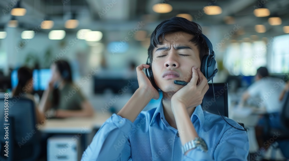 Modern office call center agent with neck ache, stress, and tight back stretching poor muscle. Tired ecommerce support sales consultant working overtime or at a desk Modern office call center agent with neck ache, stress, and tight back stretching poor muscle. Tired ecommerce support sales consultant working overtime or at a desk