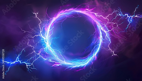 Powerful electrical round discharge hitting from side to side realistic vector illustration isolated on black background. Blazing lightning circle strike in darkness Electric energy flash light effect