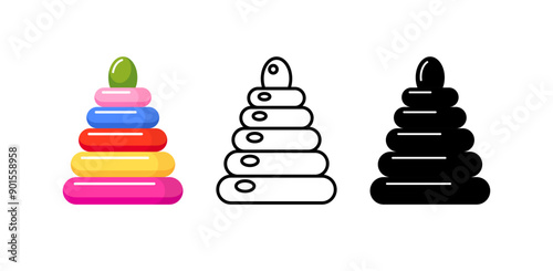 Toy pyramid for kids and babies. Set of colorful and black icons. Plastic toy for early childhood education. Vector flat cartoon illustrations isolated on white background