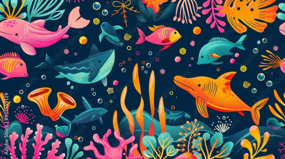 A colorful and vibrant seamless pattern that combines coral reefs and fish to create an underwater scene with a lively feel. A colorful and vibrant seamless pattern that combines coral reefs and fish to create an underwater scene with a lively feel.