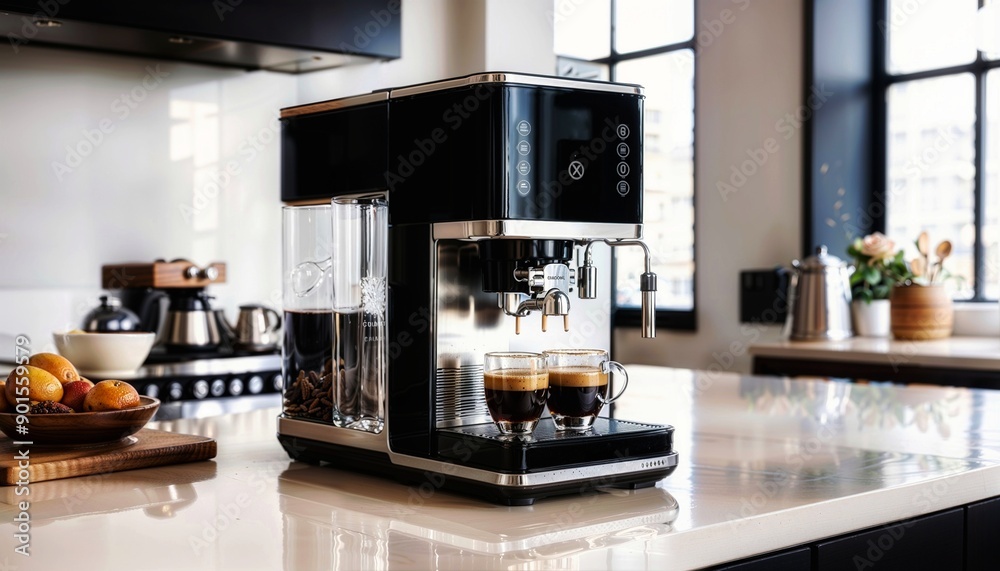 A high-end coffee maker shown on a sleek kitchen counter, with a focus on its modern design and features in a well-lit environment. A high-end coffee maker shown on a sleek kitchen counter, with a focus on its modern design and features in a well-lit environment.
