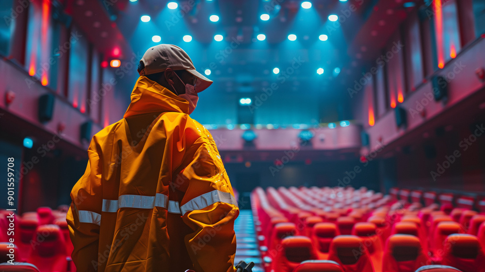 Fototapeta premium Bright and minimalist image of a cleaner working in a movie theater. 