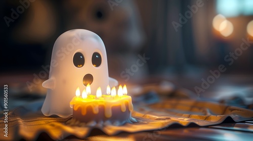 Ghost Blowing Out Candles on Birthday Cake.