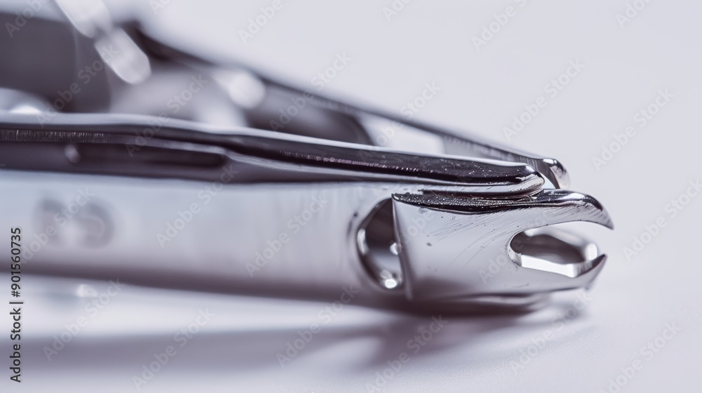 Nail clippers lying on a white background, creating a sense of cleanliness and hygiene Nail clippers lying on a white background, creating a sense of cleanliness and hygiene