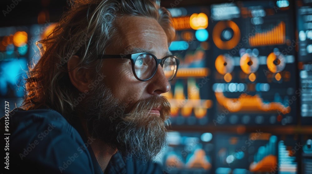 Professional Data Analyst Analyzing Financial Trends at Night in Modern Office Setting. Generative AI Professional Data Analyst Analyzing Financial Trends at Night in Modern Office Setting. Generative AI