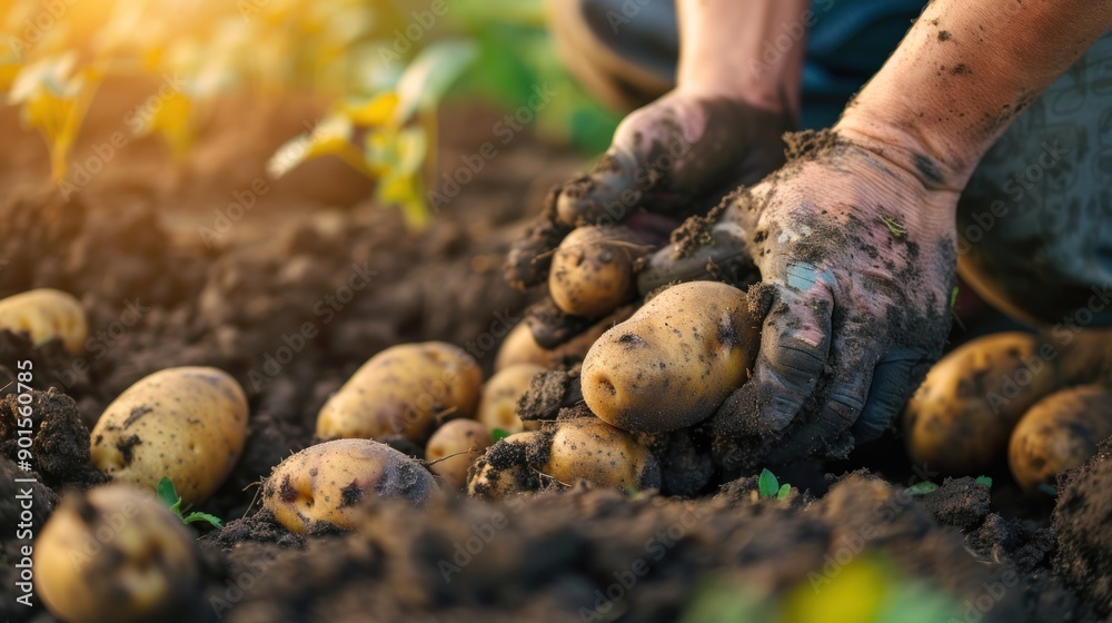 Farmer's Hands Dirty with Soil Harvesting Potatoes in a Field Farmer's Hands Dirty with Soil Harvesting Potatoes in a Field