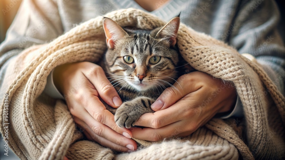 Warm and intimate moment of tender affection, a serene atmosphere captures a cat cradled in gentle hands, surrounded by soft textiles in a cozy home setting. Warm and intimate moment of tender affection, a serene atmosphere captures a cat cradled in gentle hands, surrounded by soft textiles in a cozy home setting.