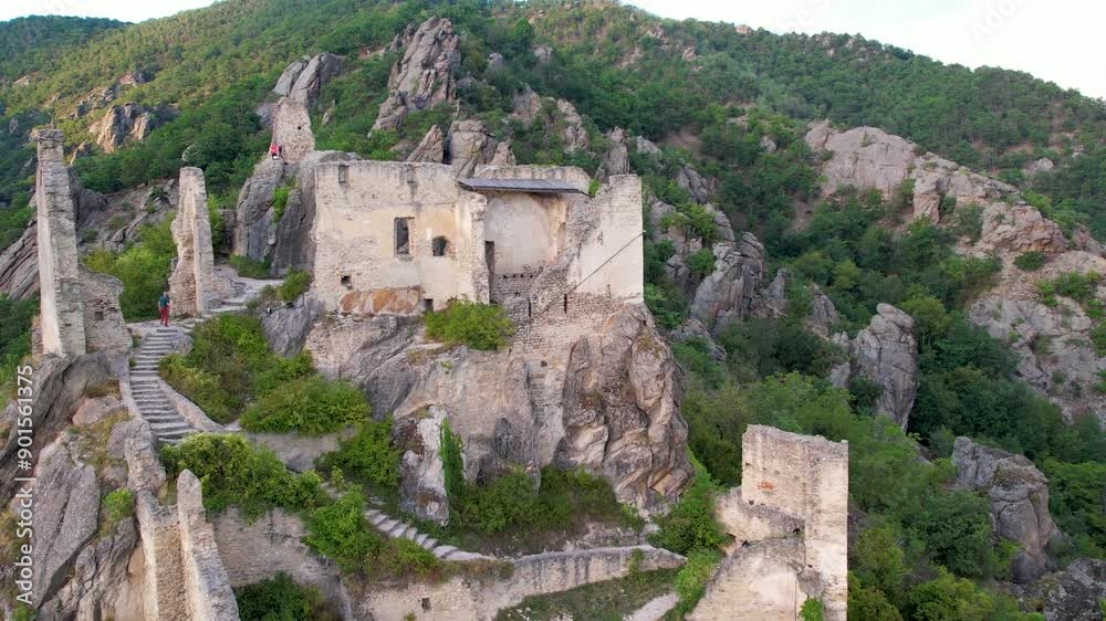 Aerial Panorama of Duernstein castle in Wachau valley. Traditional wine and tourism region, Danube cruises. Aerial Panorama of Duernstein castle in Wachau valley. Traditional wine and tourism region, Danube cruises.