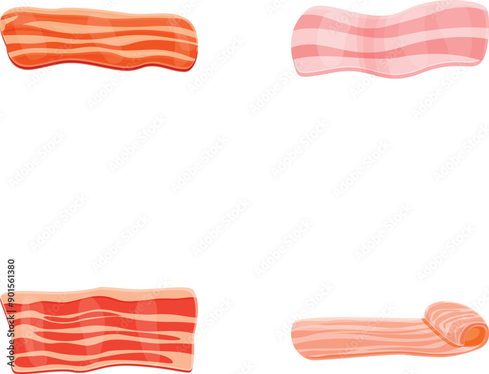 Bacon icons set cartoon vector. Fresh chopped piece of bacon. Traditional breakfast ingredient Bacon icons set cartoon vector. Fresh chopped piece of bacon. Traditional breakfast ingredient