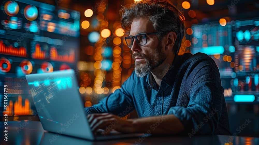 Focused Male Analyst Engaged in Data Analysis During Evening in Modern Office Setting. Generative AI Focused Male Analyst Engaged in Data Analysis During Evening in Modern Office Setting. Generative AI
