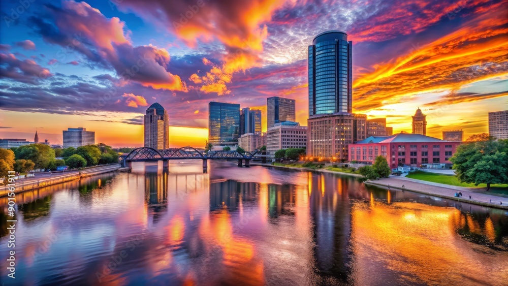 Fototapeta premium Panoramic grand rapids michigan skyline view at sunset with vibrant orange and purple hues reflecting on the grand river waterfront.
