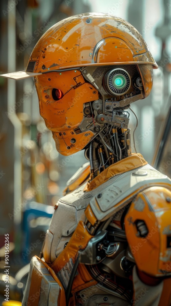 Industrial robot engineer wearing a hardhat in a construction environment working with advanced technology during the day. Industrial robot engineer wearing a hardhat in a construction environment working with advanced technology during the day.