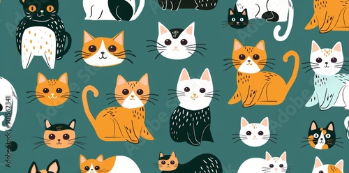A playful and vibrant seamless pattern featuring cats in various poses and expressions, cats, feline, seamless, pattern