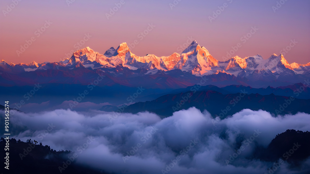 Glorious mountain peaks illuminated by the morning sun in a raw, artistic style photography.