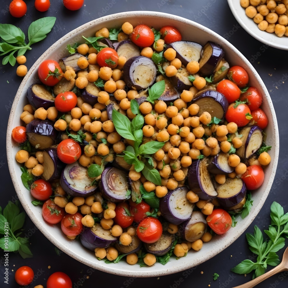 Vibrant warm salad composed of baked eggplant, chickpeas, tomatoes, and an assortment of fresh herbs, neatly presented Vibrant warm salad composed of baked eggplant, chickpeas, tomatoes, and an assortment of fresh herbs, neatly presented