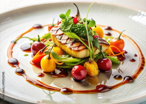 Vibrant culinary image featuring a delectable dish with savory sauce artfully drizzled over a mouthwatering arrangement of fresh ingredients on a clean white plate. photo
