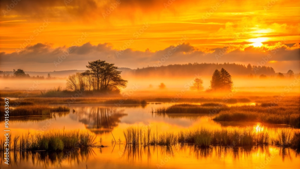 Obraz premium Majestic golden hour marsh silhouette against vibrant orange sky with misty fog rolling over serene wetland landscape photography.